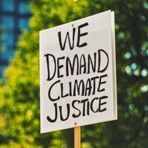 Protest sign with text that reads "We demand climate justice."