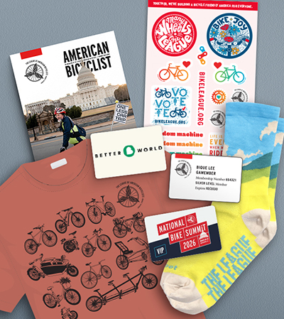 Bicycle Friendly America magazine, Membership Card, League Socks, Black League T-shirt, Bicycle Roadside assistance
