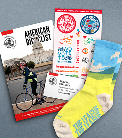 Bicycle Friendly America magazine, Membership Card, League Socks, sticker sheet