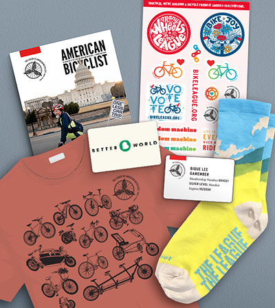 Bicycle Friendly America magazine, Membership Card, League Socks, Black League T-shirt, Bicycle Roadside assistance
