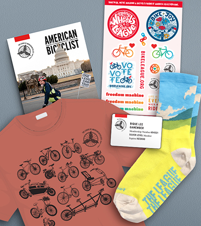 American Bicyclist magazine, Membership Card, League Socks, Black League T-shirt, sticker sheet